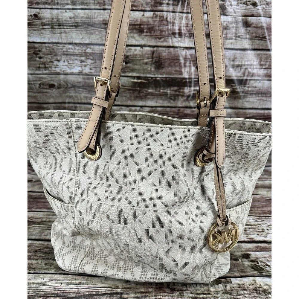 Michael Kors Large Jet Set Monogram Tote Cream & Tan Canvas Leather Shoulder Bag
